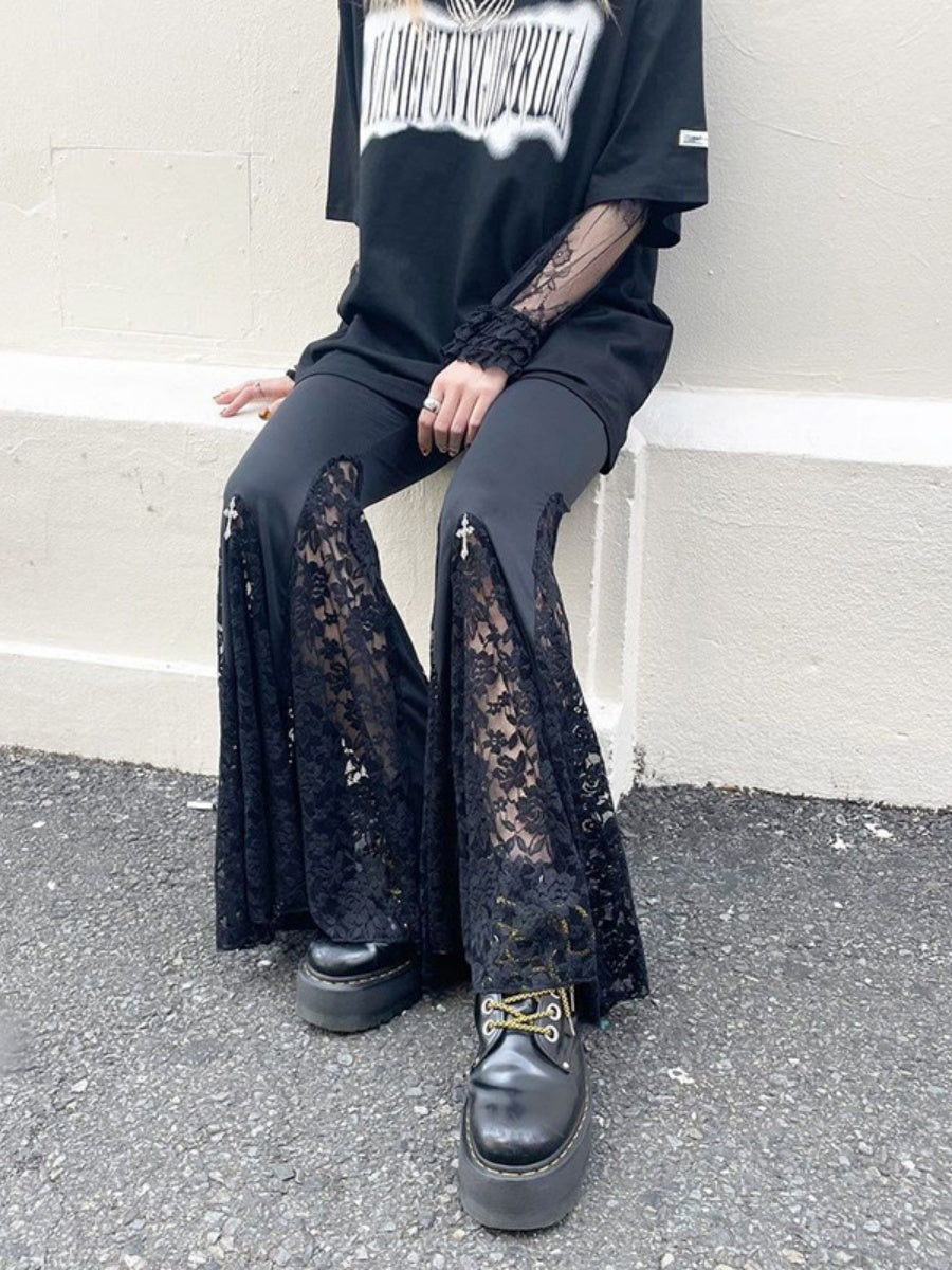 Hollow Lace Black Slightly Flared Pants