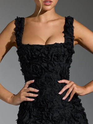 Square Collar 3D Flowers Slim Fit Sleeveless Tie Mini&Short Dresses