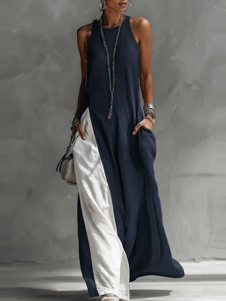 Sleeveless Loose-fit Pocket Color-blocked Leisure Off-shoulder Maxi Dresses