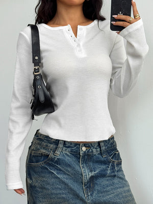 Simplicity Buttons Solid Color Long Sleeve T-shirts