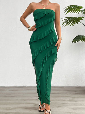 Hip Slim Fit Ruffle Solid Color Strapless Top Maxi Dresses