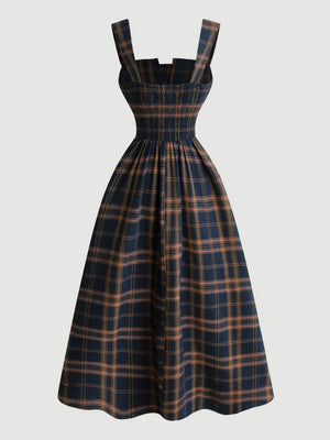 Plaid Camisoles Retro Waist Shaping Big Swing Midi Dresses