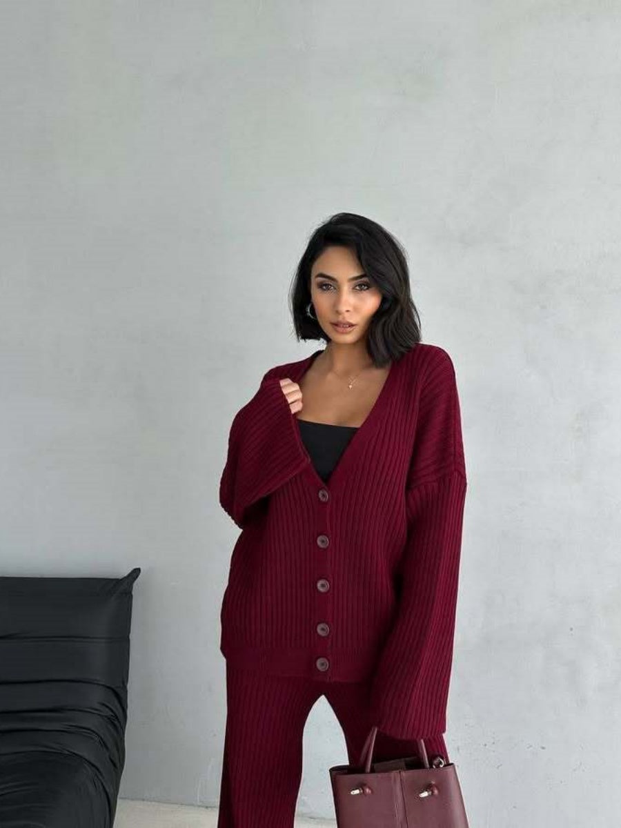 Leisure Solid Color Long Sleeve Buttons Sweaters Cardigans Pants Two-piece Suit