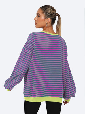 Women's Autumn/Winter Striped Color-Blocked Oversized Long-Sleeved Sweatshirt
