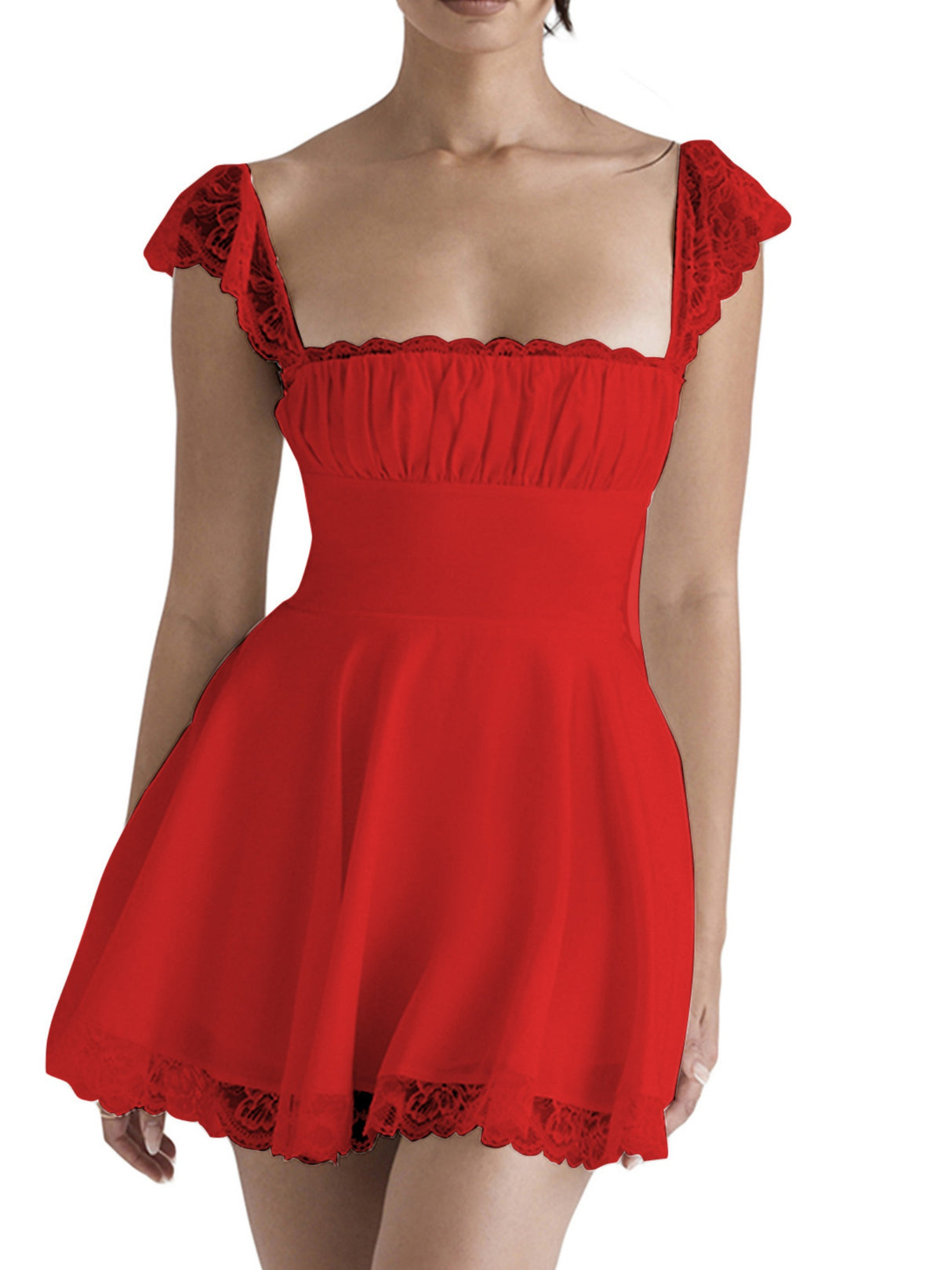 Lace Trim Square Neck Suspenders Slim-fit Backless Sweet Mini&Short Dresses