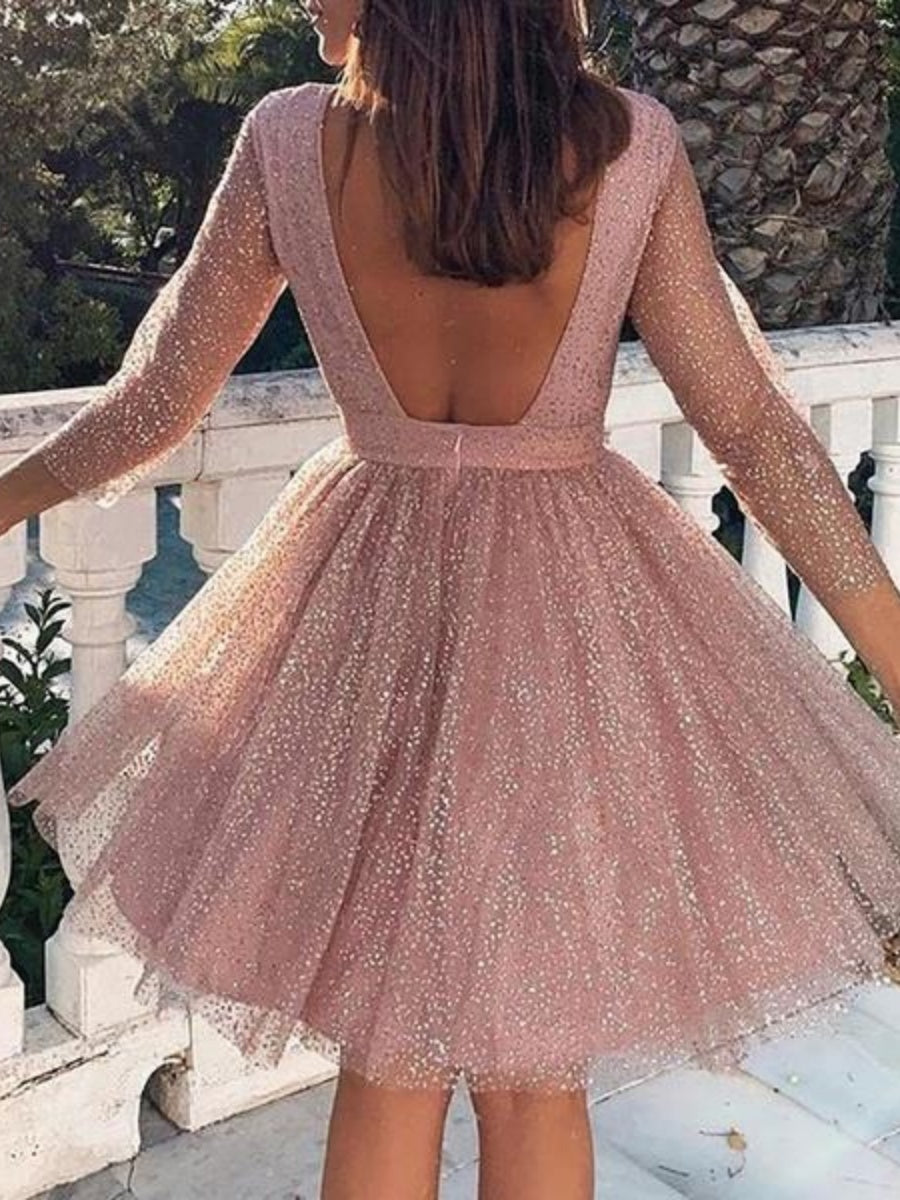 Lace Long Sleeve Sequins Mini&Short Dresses