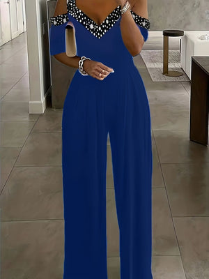 Polka Dot Print Off-shoulder Wide Leg Jumpsuits