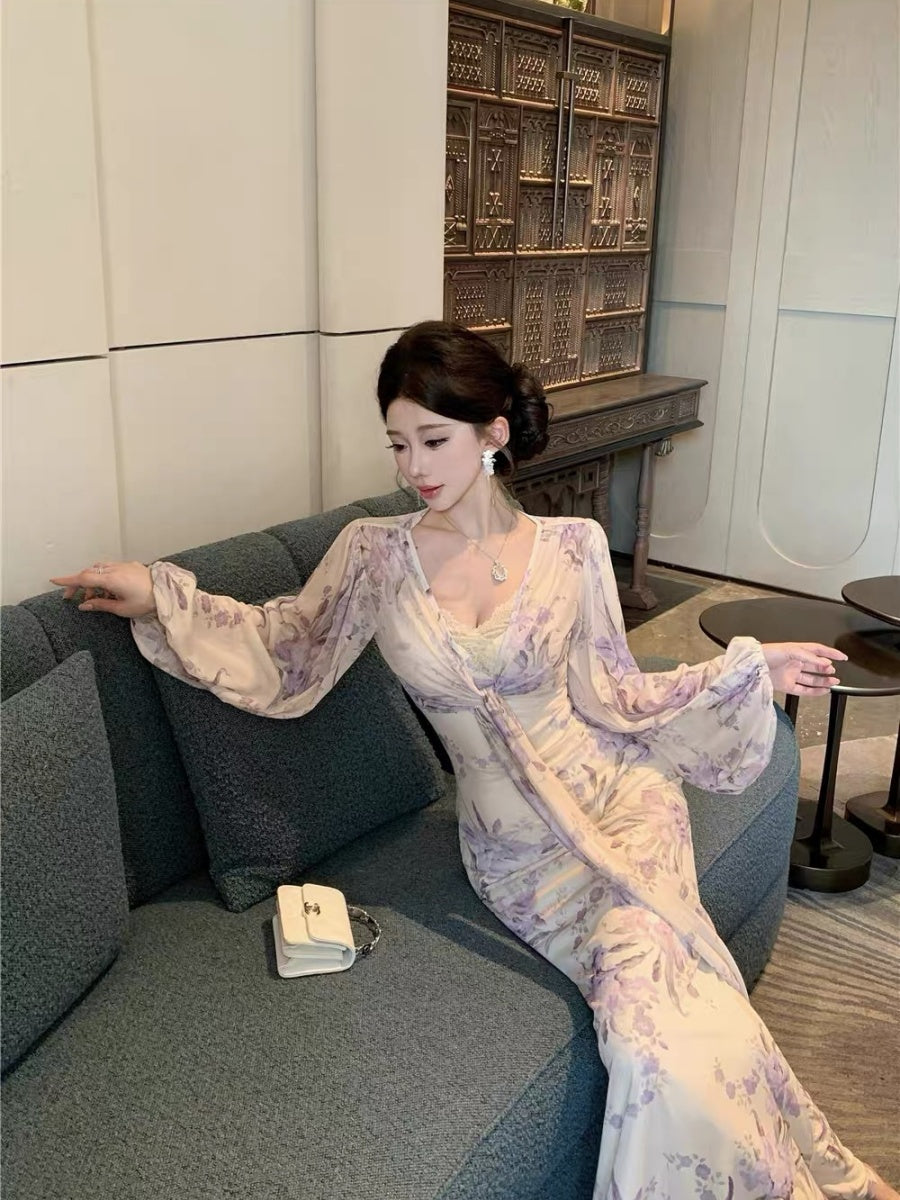 [Slip Dress + Floral Cardigan] Sexy Two-Piece Set With Printed V-Neck Lace Trim And Slim Fit
