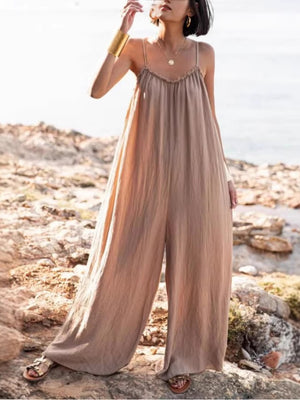 Cotton Linen Women's Suspender Backless Loose Jumpsuit