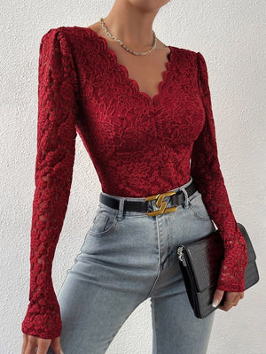 Lace Long Sleeve Perspective Slim Fit Bodysuit