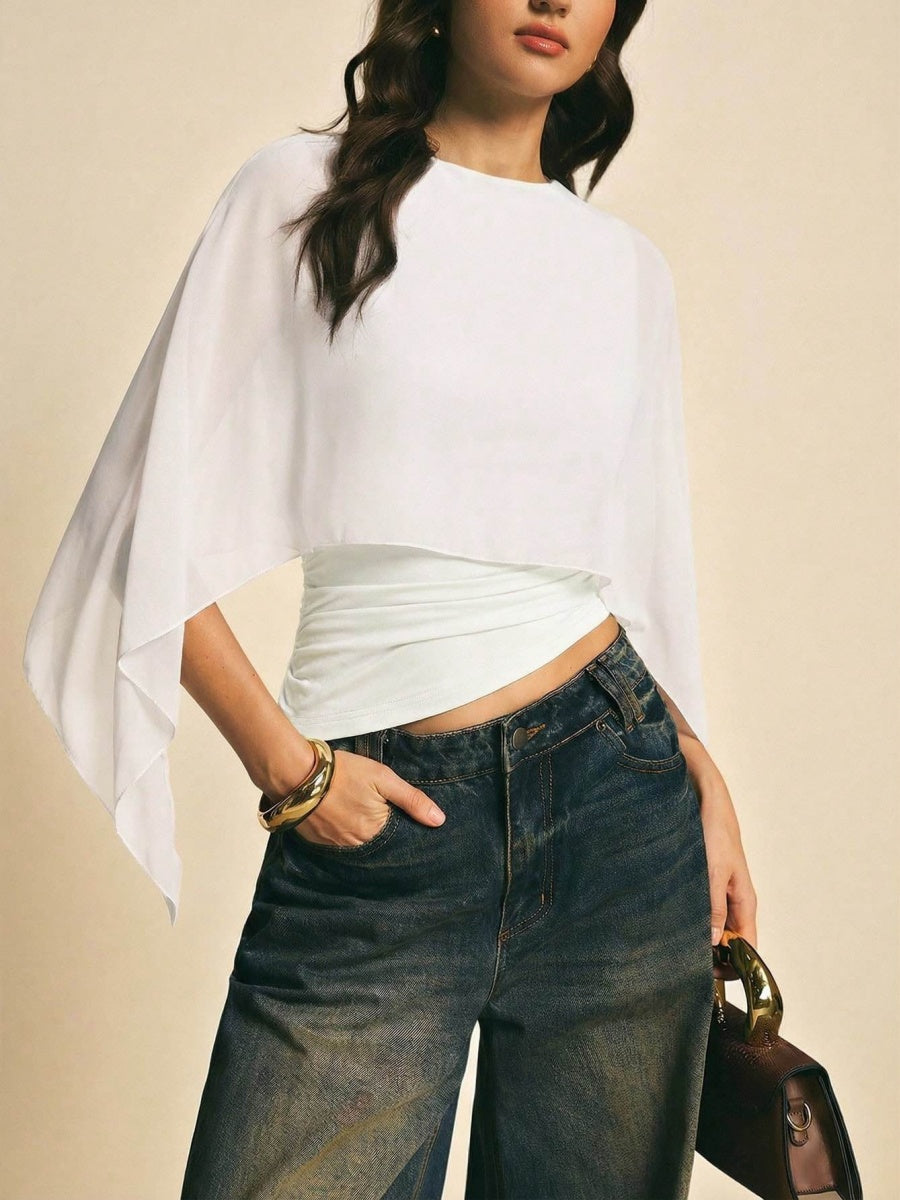 Cape-sleeve T-shirt, Round Neck, Loose Chiffon Cover-up, Elegant Irregular Top/T-shirt