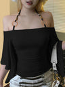 Off-the-shoulder  Bell sleeves  Cinched waist Halter neck top T-shirts