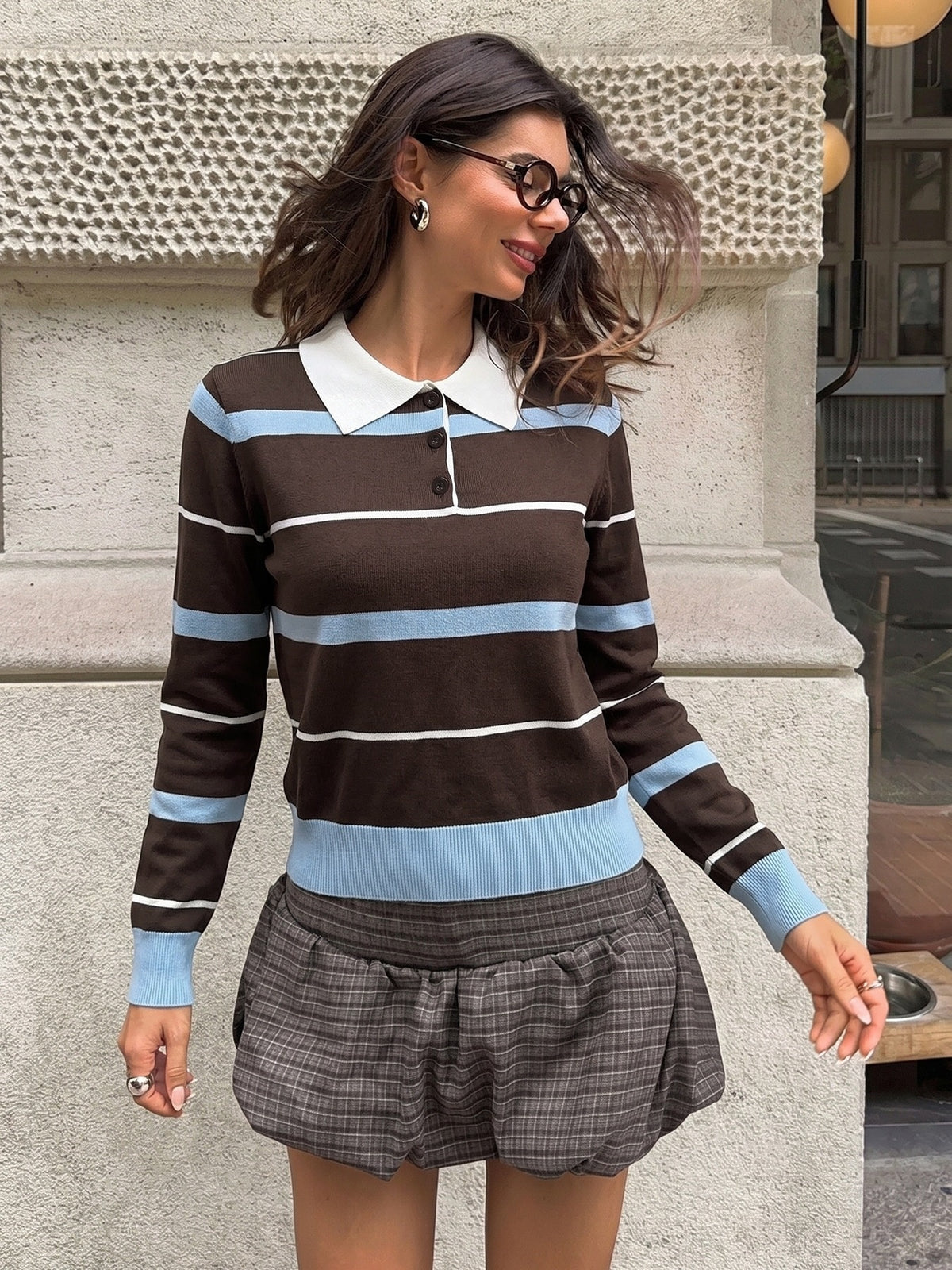 Preppy Style Striped Color-blocked Polo Collar Long-sleeved Fitted Sweater