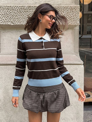 Preppy Style Striped Color-blocked Polo Collar Long-sleeved Fitted Sweater