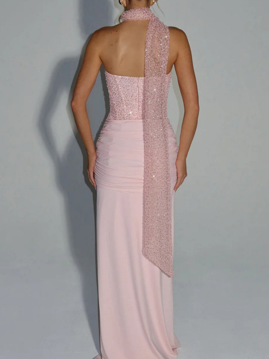 Sequins Tube Top Splicing Bandage Formal Dress Maxi Dresses