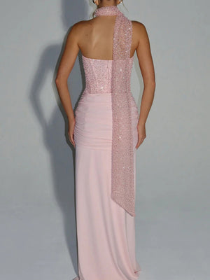 Sequins Tube Top Splicing Bandage Formal Dress Maxi Dresses