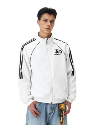 Stand Collar Letter Embroidery Ribbon Contrasting Colors Zipper Jackets