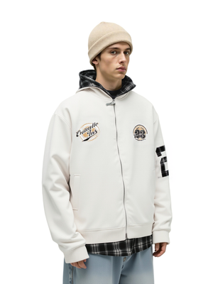 Fake Two Pieces Embroidery Plaid Splicing Hooded Jacket