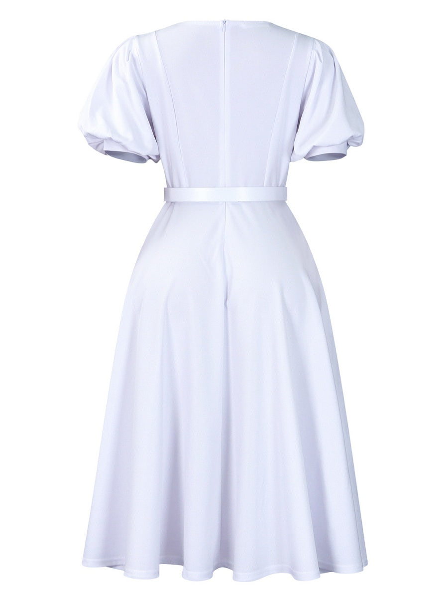 Puff Sleeve High Waist Crew Neck Large Skirt Commuting Leisure Midi Dresses