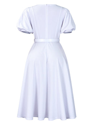 Puff Sleeve High Waist Crew Neck Large Skirt Commuting Leisure Midi Dresses