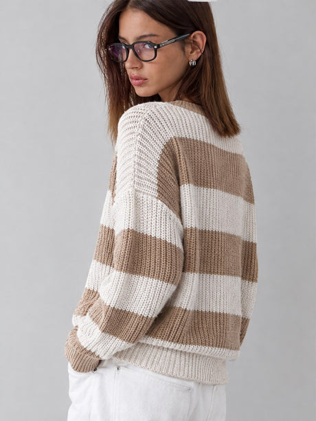 Stripes Contrasting Colors Dropped Shoulder Sleeves Loose Sweaters
