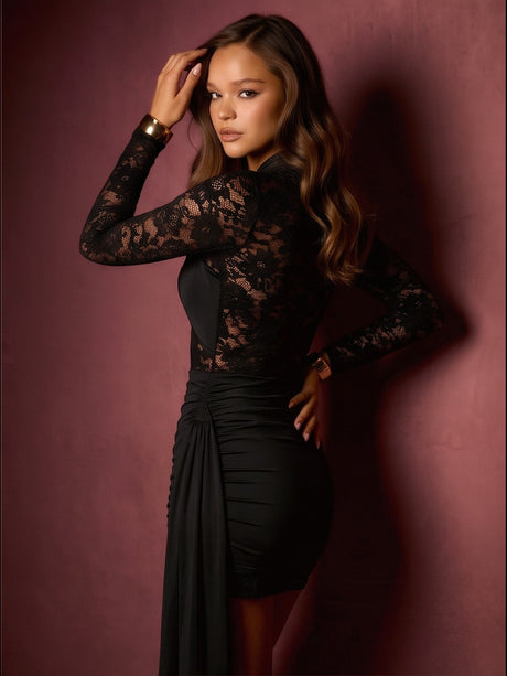 Solid Color Turtleneck Knit Lace-trimmed Bodycon Short Dress