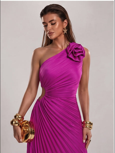 Sloping Shoulders Pleated Hollow Flowers Parties Bridesmaid Maxi Dresses