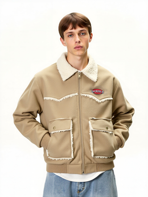 Letter Embroidery Suede Plush Collared Jacket