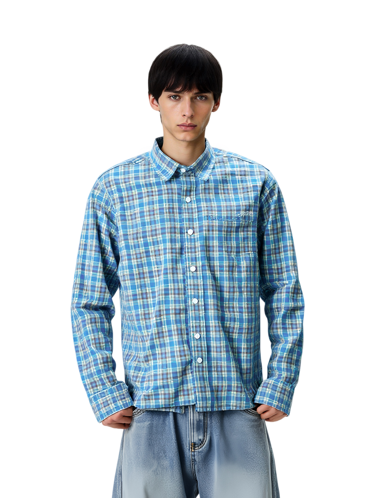 Small Grid Loose Splicing Raw Edges Plaid Long-sleeved Shirt