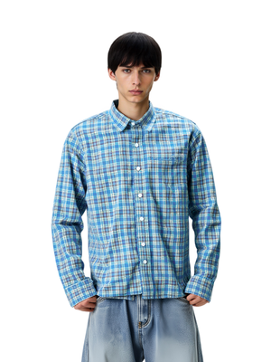Small Grid Loose Splicing Raw Edges Plaid Long-sleeved Shirt