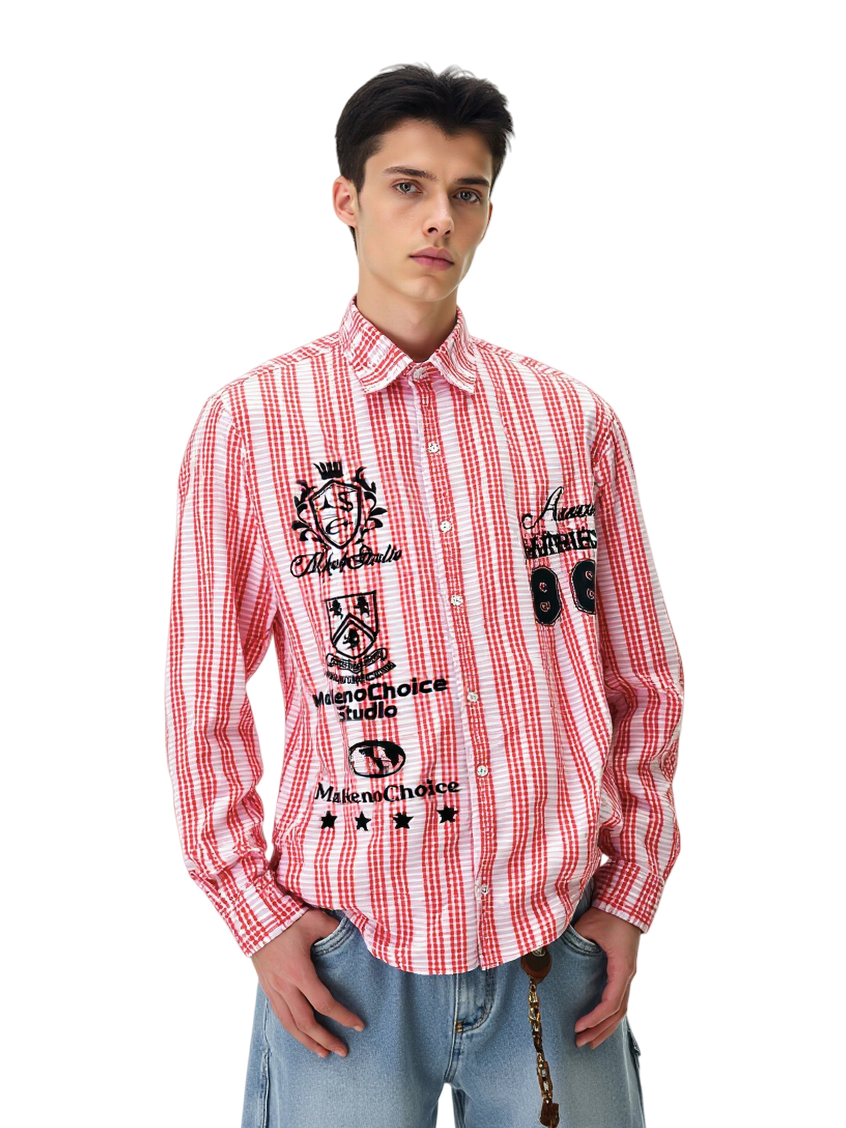 Plaid Retro Vibe Badge Embroidery Lapel Long-sleeved Shirt