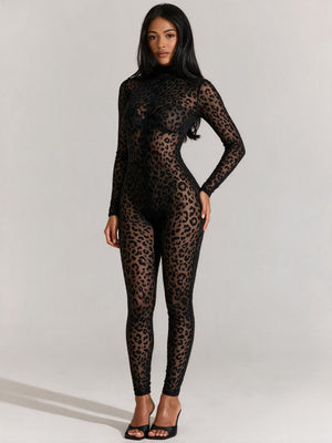 Slim-fit Long-sleeved Sexy Flocked See-through Bodysuit