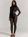 Slim-fit Long-sleeved Sexy Flocked See-through Bodysuit