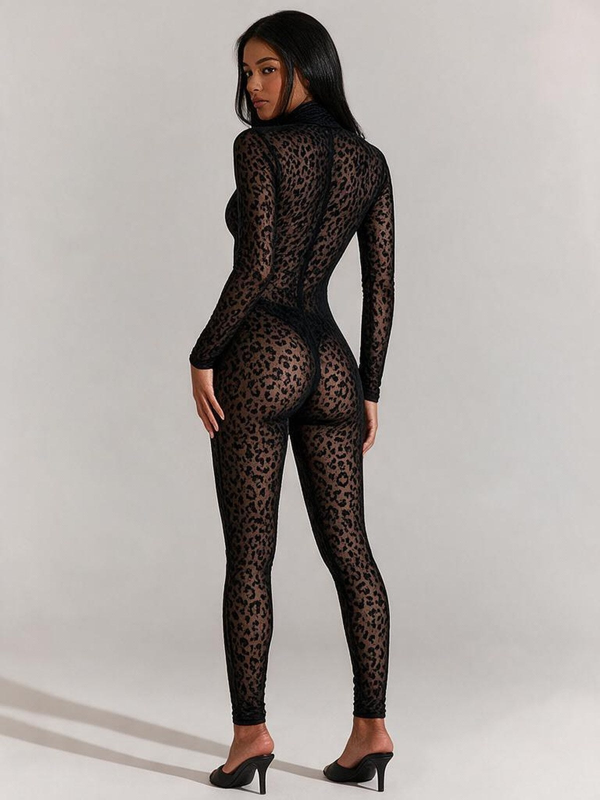 Slim-fit Long-sleeved Sexy Flocked See-through Bodysuit