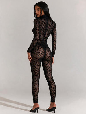 Slim-fit Long-sleeved Sexy Flocked See-through Bodysuit