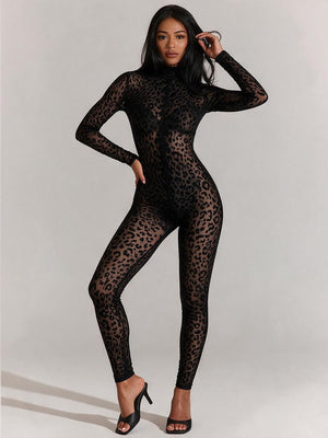 Slim-fit Long-sleeved Sexy Flocked See-through Bodysuit