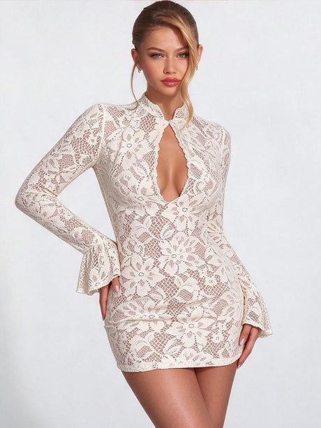 Lace Cutout Bodycon Bell Sleeves Mini&Short Dresses