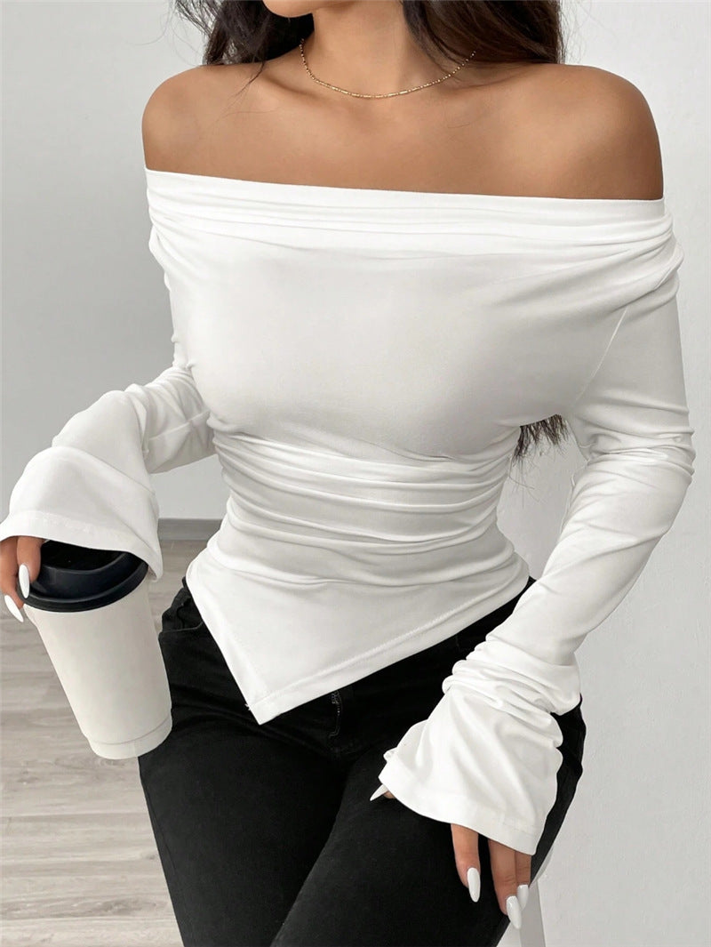 V-neck, Off-shoulder, Two-way Design, Slim Fit, Pleated, Irregular Long-sleeved T-shirt