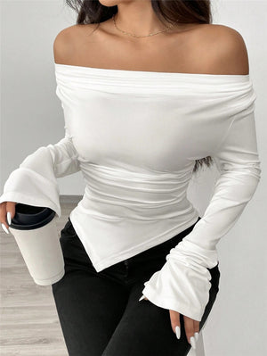 V-neck, Off-shoulder, Two-way Design, Slim Fit, Pleated, Irregular Long-sleeved T-shirt