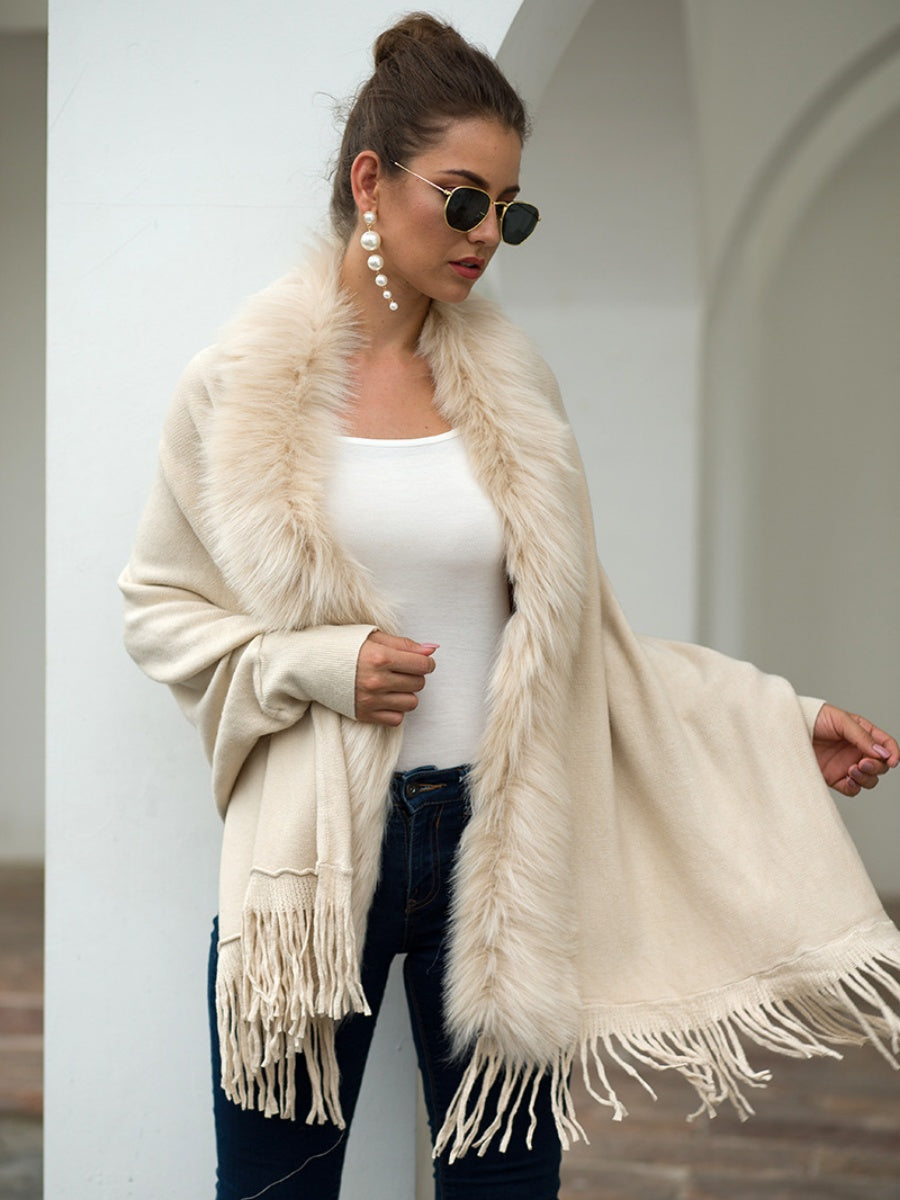 Apricot Tassel Fur Collar Solid Color Shawl Cardigans
