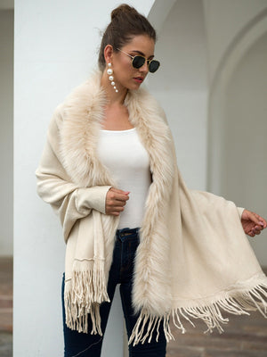 Apricot Tassel Fur Collar Solid Color Shawl Cardigans