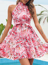 Floral Print Short Dress With Tie-up Ruffles And A Full Skirt