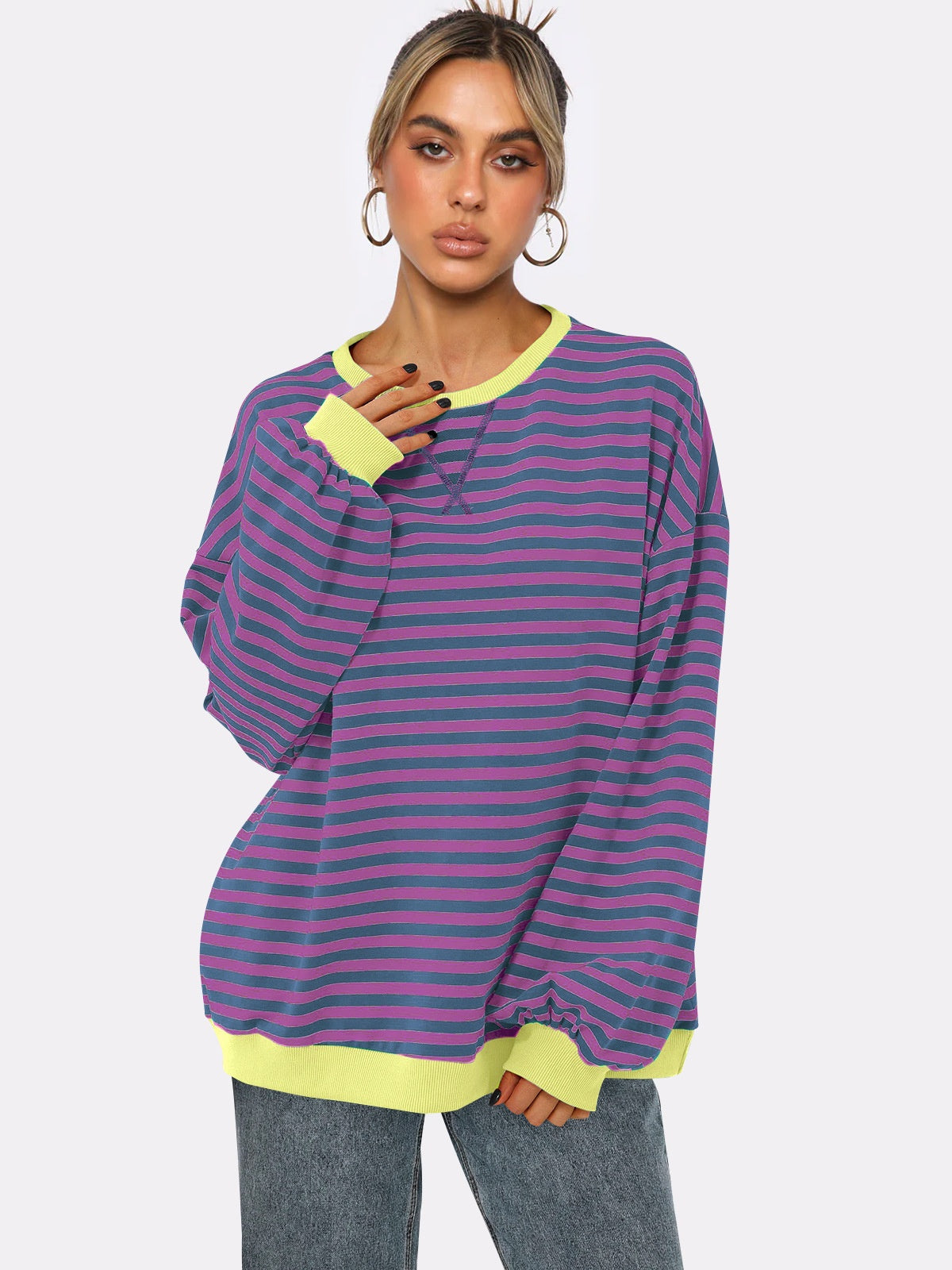 Women's Autumn/Winter Striped Color-Blocked Oversized Long-Sleeved Sweatshirt