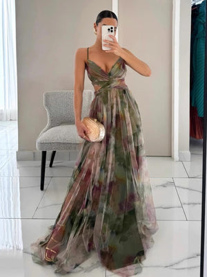 Mesh Floral Print Long Dress