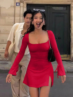 Chanel-style Square Neck High-waisted A-line Short Dress With Slits