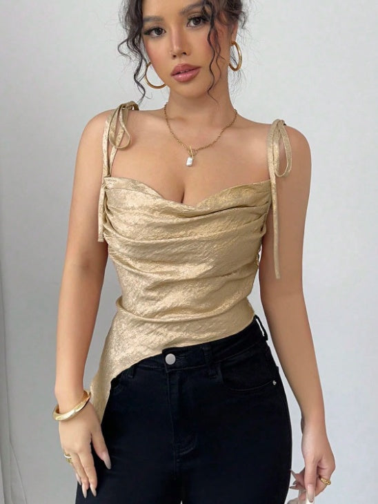 Irregularly Pleated Glossy T-shirt With Gold Foil Short Camisole