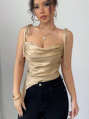 Irregularly Pleated Glossy T-shirt With Gold Foil Short Camisole