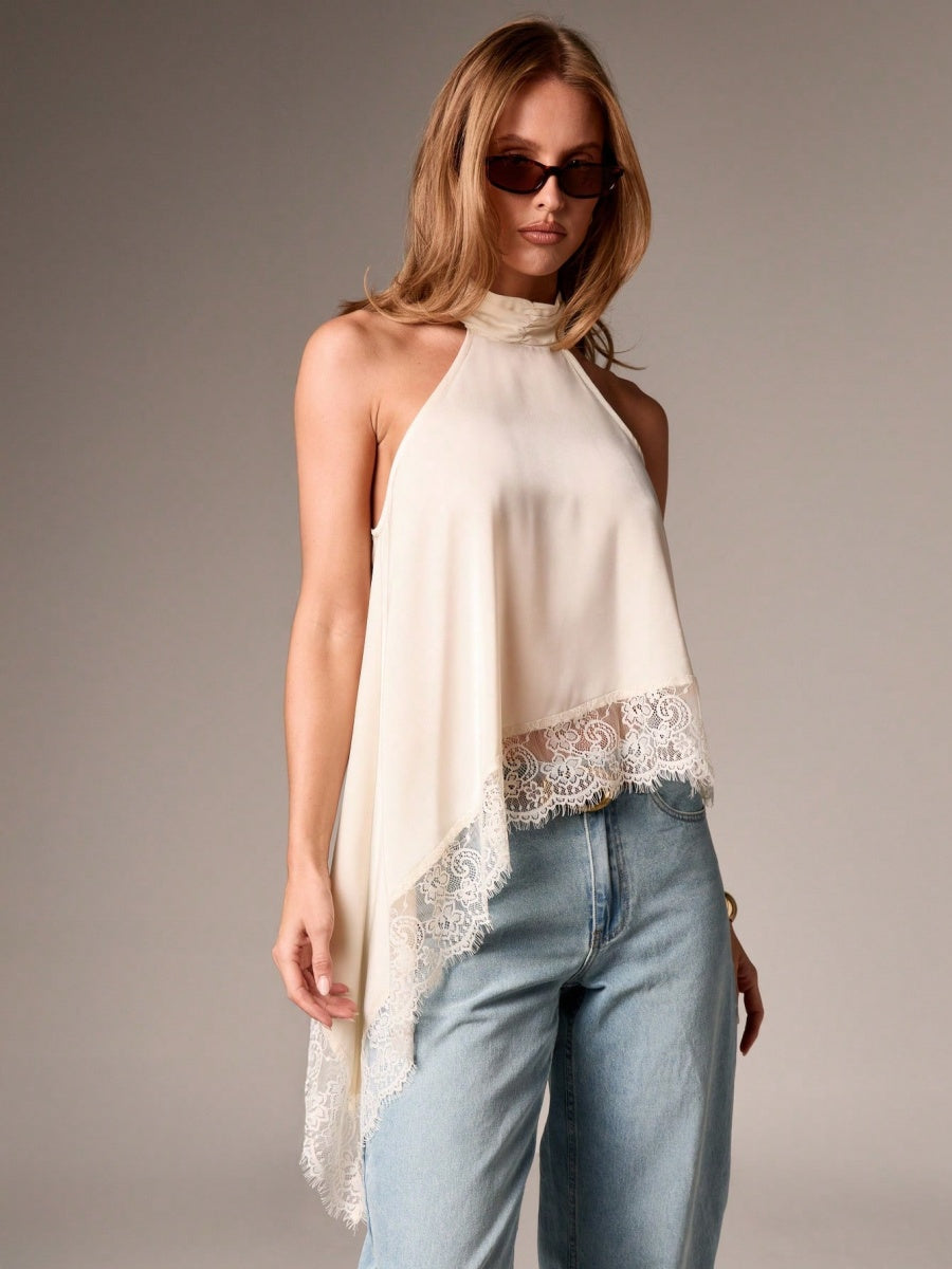 Halter Neck Lace Irregular Hem Spaghetti Strap