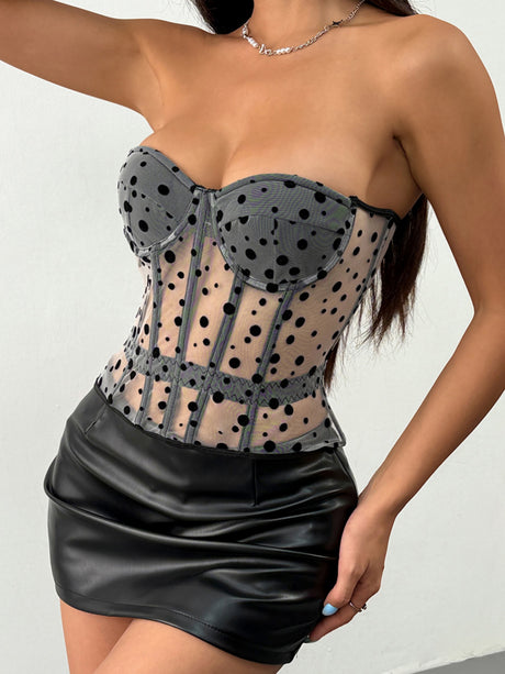 Polka Dots Fish Bones Lace Up Waist Shaping Bustier Tank Tops