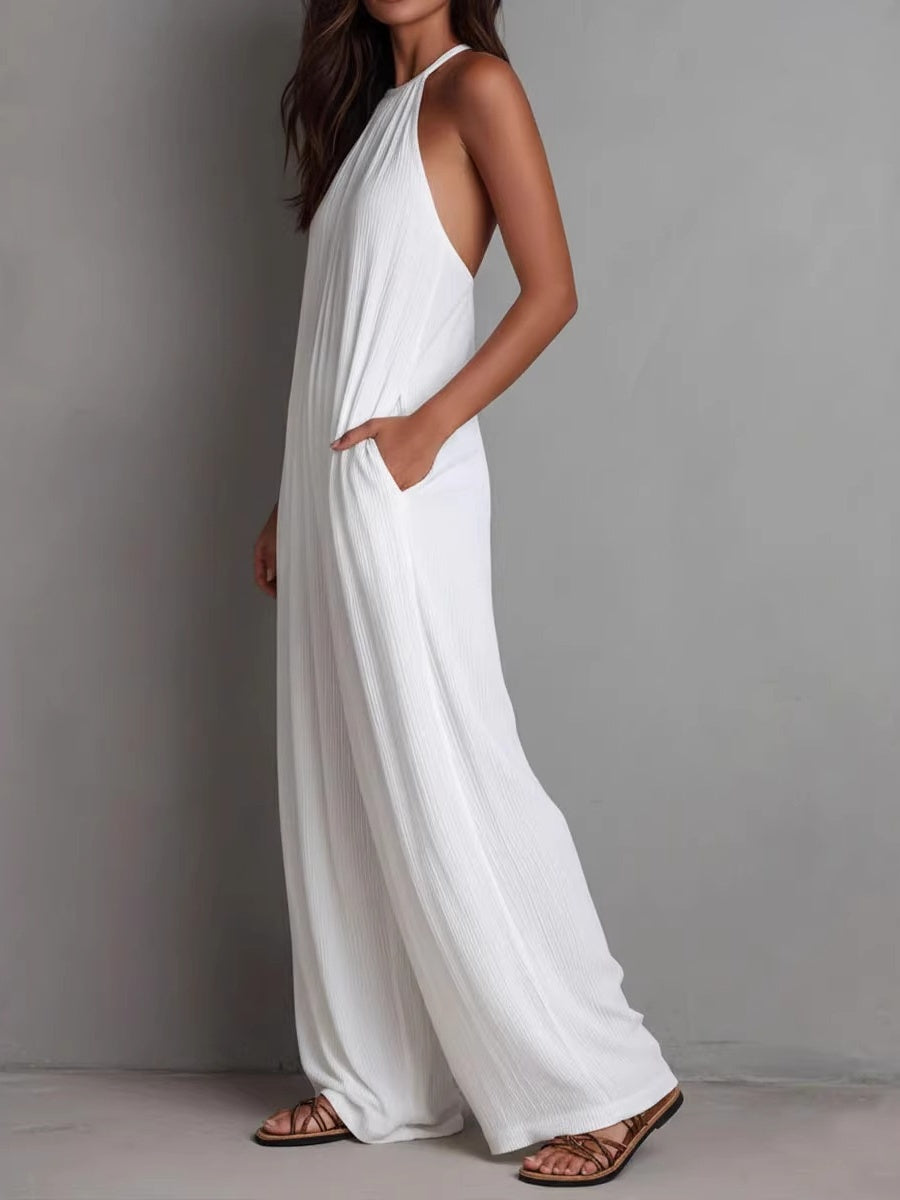 Halter-neck Sleeveless Resort-style White Pleated Backless Wide-leg Jumpsuit